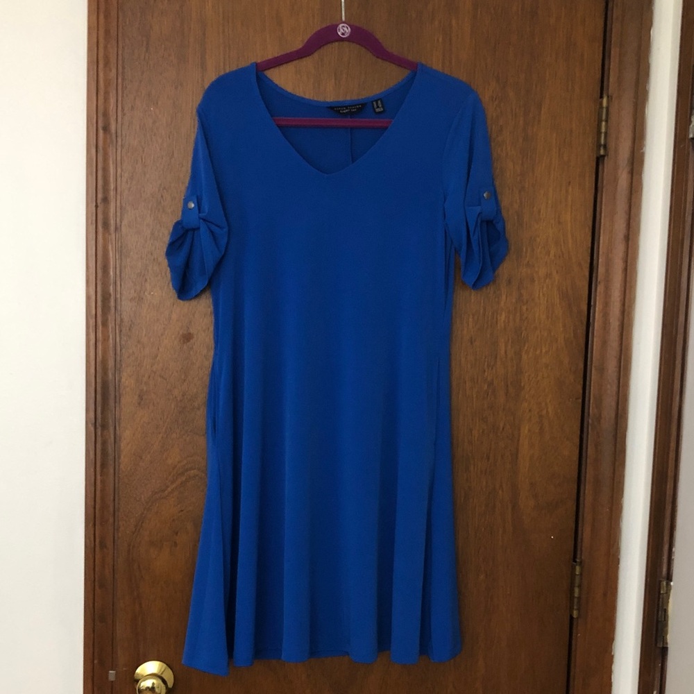 Susan Graver Cobalt Blue Roll-Tab Sleeve swing dress